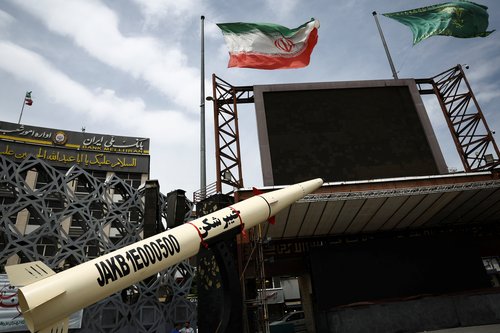 A symbolic mockup of an Iranian missile is displayed, amid a ceasefire between U.S. and Iran, in Tehran, Iran, April 27, 2026