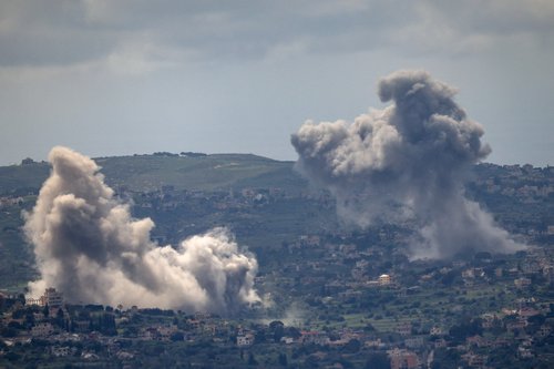 Smoke rises following explosions in southern Lebanon, near the Israel-Lebanon border, as seen from northern Israel, April 28, 2026.