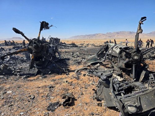 An image released on April 5, 2026, and obtained from social media appears to show wreckage of an American aircraft and a helicopter rotor in Isfahan, Iran, which forensic imagery analyst William Goodhind said is consistent with a U.S. MC‑130J or HC‑130J