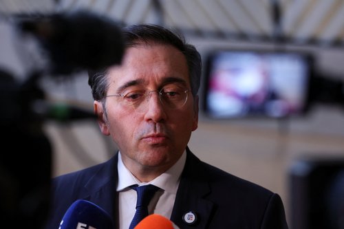 Spanish Foreign Minister Jose Manuel Albares speaks to members of the media as he arrives to attend a European Union Energy and Foreign Affairs ministers meeting in Brussels, Belgium March 16, 2026.