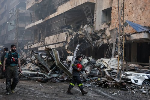 An emergency responder works at the site of an Israeli strike, in Al-Mazraa in Beirut, Lebanon, April 8, 2026.