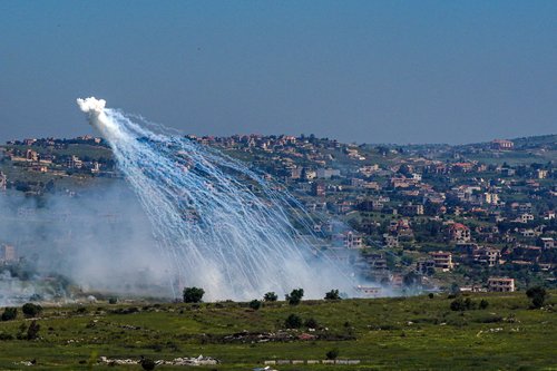 An explosion of what appears to be white phosphorus fired by the IDF on the Lebanese side of the Israel-Lebanon border as seen from the Israeli side of the border, April 30, 2026.