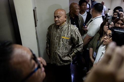 Philippine Senator Ronald "Bato" dela Rosa, the chief enforcer of former president Rodrigo Duterte's drug war, at the Senate, which holds him under protective custody amid an International Criminal Court warrant