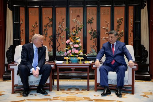Chinese President Xi Jinping and U.S. President Donald Trump attend a meeting on the sidelines of their visit to the Zhongnanhai Garden in Beijing, China, May 15, 2026. REUTERS/Evan Vucci/Pool