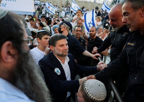 Israeli Finance Minister Bezalel Smotrich takes part in the annual Jerusalem Day march in the Old City of Jerusalem, May 14, 2026.
