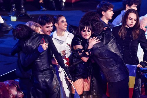 Representation of Romania and Alexandra Capitanescu react after qualifying for the Grand final during the second semi-final of the 2026 Eurovision Song Contest, in Vienna, Austria, May 14, 2026.