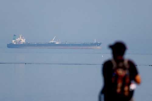 FILE PHOTO: A tourist watches the MT Desert Kite oil tanker carrying Russian oil at Narara Marine National Park in the Arabian Sea, Gujarat, India, March 11 , 2026.