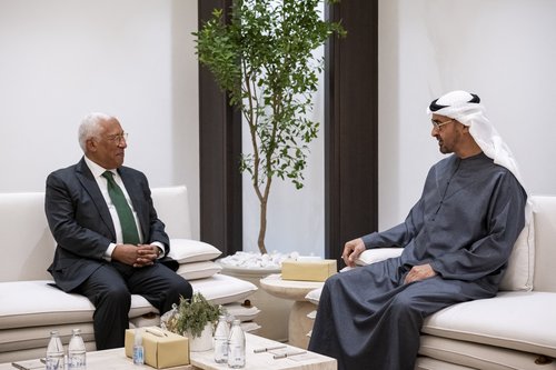 Antonio Costa, President of the European Council, meets with Sheikh Mohamed bin Zayed Al Nahyan, President of the United Arab Emirates, at an undisclosed location in this undated handout image obtained by Reuters on April 14, 2026.