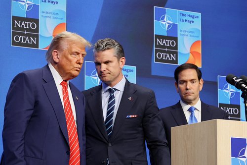 FILE PHOTO: U.S. President Donald Trump, U.S. Secretary of Defense Pete Hegseth and U.S. Secretary of State Marco Rubio attend a press conference at the NATO summit in The Hague, Netherlands June 25, 2025.