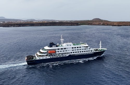 A drone view of the cruise ship MV Hondius, carrying passengers suspected of having cases of hantavirus on board, leaves Praia, Cape Verde, May 6, 2026.