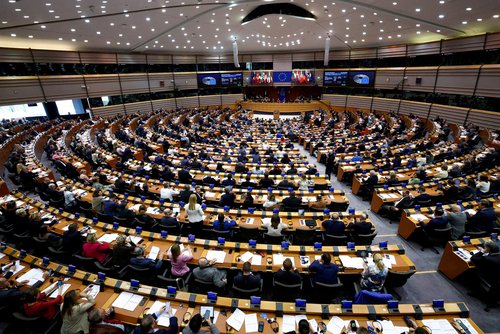 FILE PHOTO: Members of the European Parliament attend a session to vote on legislation to cut import duties for U.S. products, in Brussels, Belgium March 26, 2026.