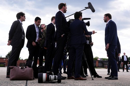 U.S. Vice President JD Vance speaks with the media as he arrives at Joint Base Andrews, Maryland, U.S., May 28, 2026. Matt Rourke/Pool via REUTERS TPX IMAGES OF THE DAY