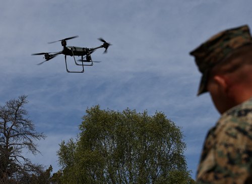 A U.S. Marine operates a drone used for logistics during a media event as part of Aurora 26 near Visby on Gotland, Sweden, May 11, 2026.REUTERS/Tom Little