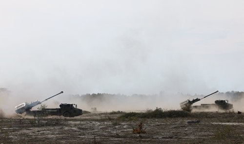 Swedish army Archer artillery systems fire on the Tofta range during the Aurora 26 exercise near Visby on Gotland, Sweden, May 11, 2026. REUTERS/Tom Little