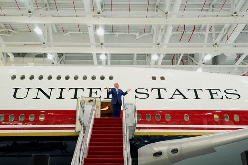U.S. President Donald Trump gestures as he tours the VC-25B aircraft gifted by Qatar that will be used as Air Force One, at Joint Base Andrews, Maryland, U.S., June 19, 2026. REUTERS/Elizabeth Frantz TPX IMAGES OF THE DAY