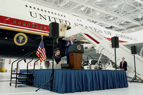 U.S. President Donald Trump delivers a speech as he stands in front of the VC-25B aircraft gifted by Qatar that will be used as Air Force One, at Joint Base Andrews, Maryland, U.S., June 19, 2026. REUTERS/Elizabeth Frantz
