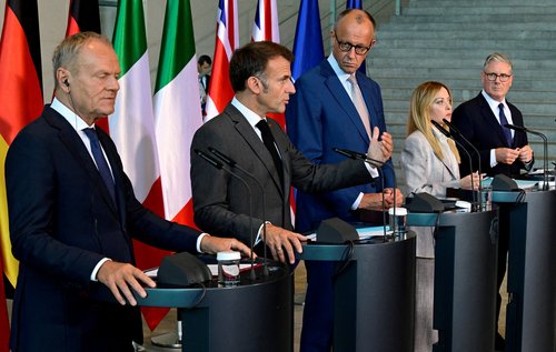 Poland's Prime Minister Donald Tusk, France's President Emmanuel Macron, German Chancellor Friedrich Merz, Italy's Prime Minister Giorgia Meloni and Britain's Prime Minister Keir Starmer