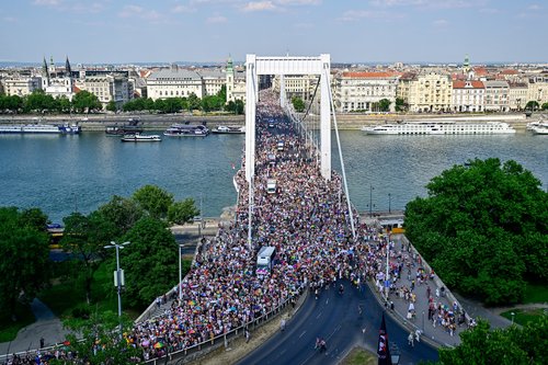 People attend the Budapest Pride March in Budapest, Hungary, June 27, 2026. REUTERS/Marton Monus
