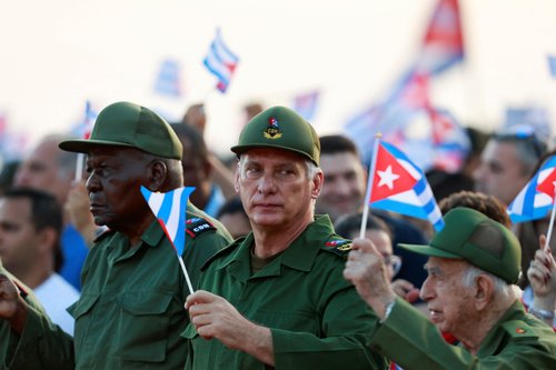 Cuba's President Miguel Diaz-Canel attends a government rally called by Cuban authorities to protest U.S. policies toward the island, including the indictment of the former president, in Havana, Cuba, May 22, 2026. REUTERS/Norlys Perez