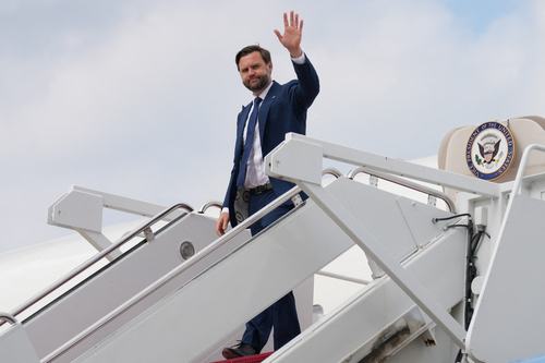 U.S. Vice President JD Vance steps off Air Force Two, at Joint Base Andrews, Maryland, U.S., July 8, 2026. Mark Schiefelbein/Pool via REUTERS