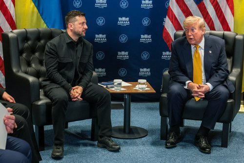 U.S. President Donald Trump holds a bilateral meeting with Ukrainian President Volodymyr Zelenskiy alongside the NATO leaders summit at the Bestepe Presidential Compound