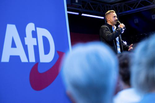 FILE PHOTO: Ulrich Siegmund, top candidate of the far-right Alternative for Germany (AfD) party, speaks on stage during a campaign rally ahead of Germany's Saxony-Anhalt state election, in Naumburg, Germany August 24, 2026.