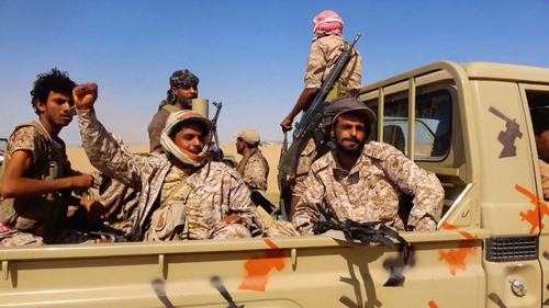 Members of the Saudi-backed Yemeni government forces react during what they say to be clashes with Yemen's Iran-aligned Houthis in a location given as near Al-Hazm, Yemen, in this screen grab obtained from a handout video released September 9, 2026.S