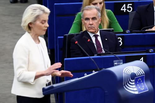 Canadian Prime Minister Mark Carney looks on during the State of the European Union address (SOTEU) by European Commission President Ursula von der Leyen to the European Parliament, in Strasbourg, France, September 16, 2026. REUTERS/Yves Herman