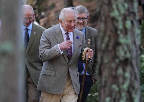 Britain's King Charles III meeting the community leaders, firefighters, volunteers and landowners who played a vital role in containing the Glenmore and Abernethy wildfire in July and August, which burned more than 3,300 hectares of land