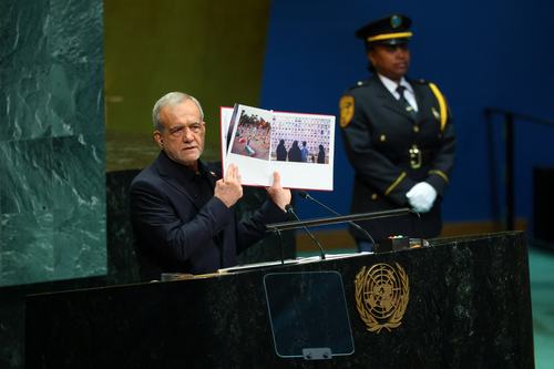 Iran's President Masoud Pezeshkian addresses the 81st United Nations General Assembly (UNGA) at UN headquarters in New York City, US, September 23, 2026.
