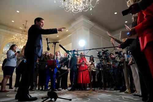 United States Secretary of State Marco Rubio speaks to the media after meeting with Russian Foreign Minister Sergey Lavrov, in New York, US