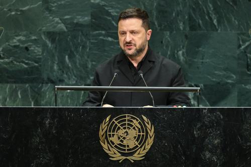 Ukraine's President Volodymyr Zelenskiy addresses the 81st United Nations General Assembly (UNGA) at UN headquarters in New York City, US