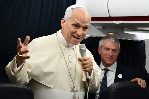 Pope Leo gives a press conference with accredited journalists on the return flight from France, September 28, 2026.