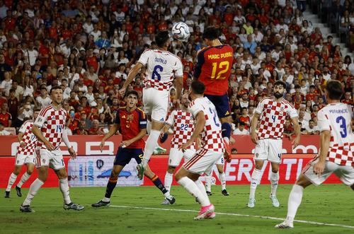 Soccer Football - UEFA Nations League - Group A3 - Spain v Croatia - Ramon Sanchez Pizjuan, Seville, Spain - September 29, 2026 Spain's Marc Pubill scores their second goal REUTERS/Marcelo Del Pozo