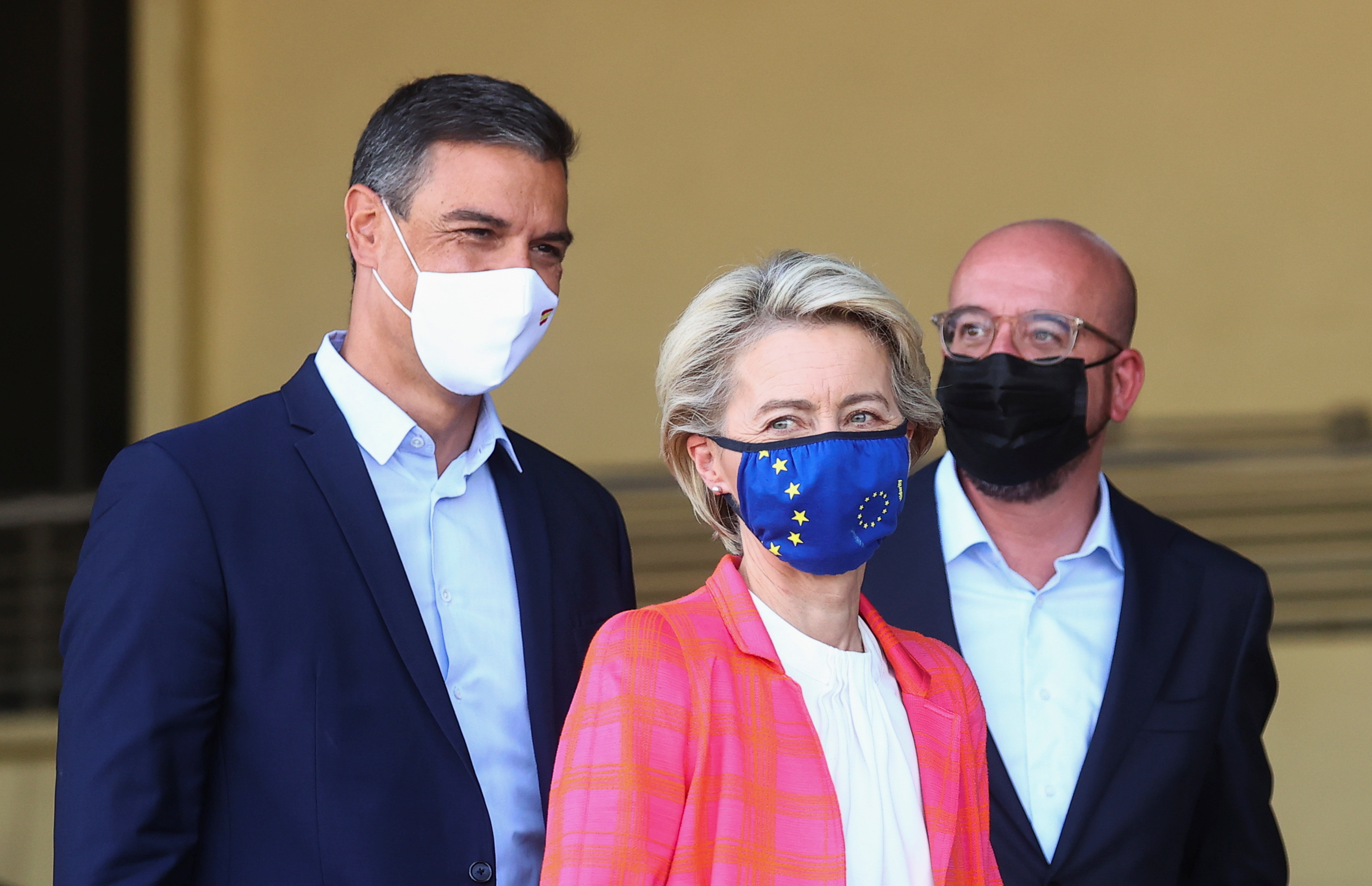 Von der Leyen, President of the EU Council Michel, and Spain's PM Sanchez attend a news conference, in Torrejon de Ardoz