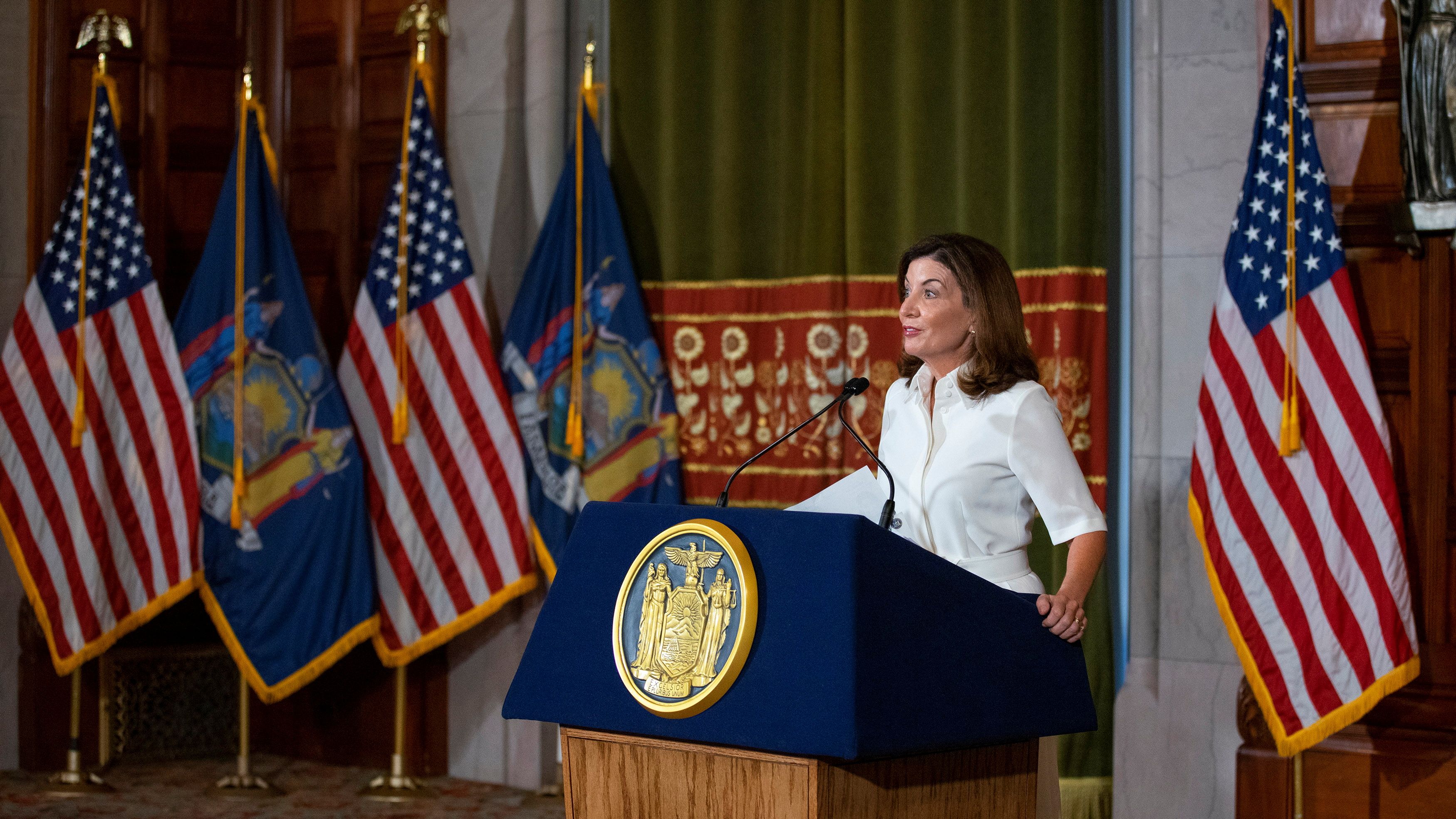 New York Governor Kathy Hochul speaks to the media after a swearing-in ceremony at the New York State Capitol, in Albany, New York