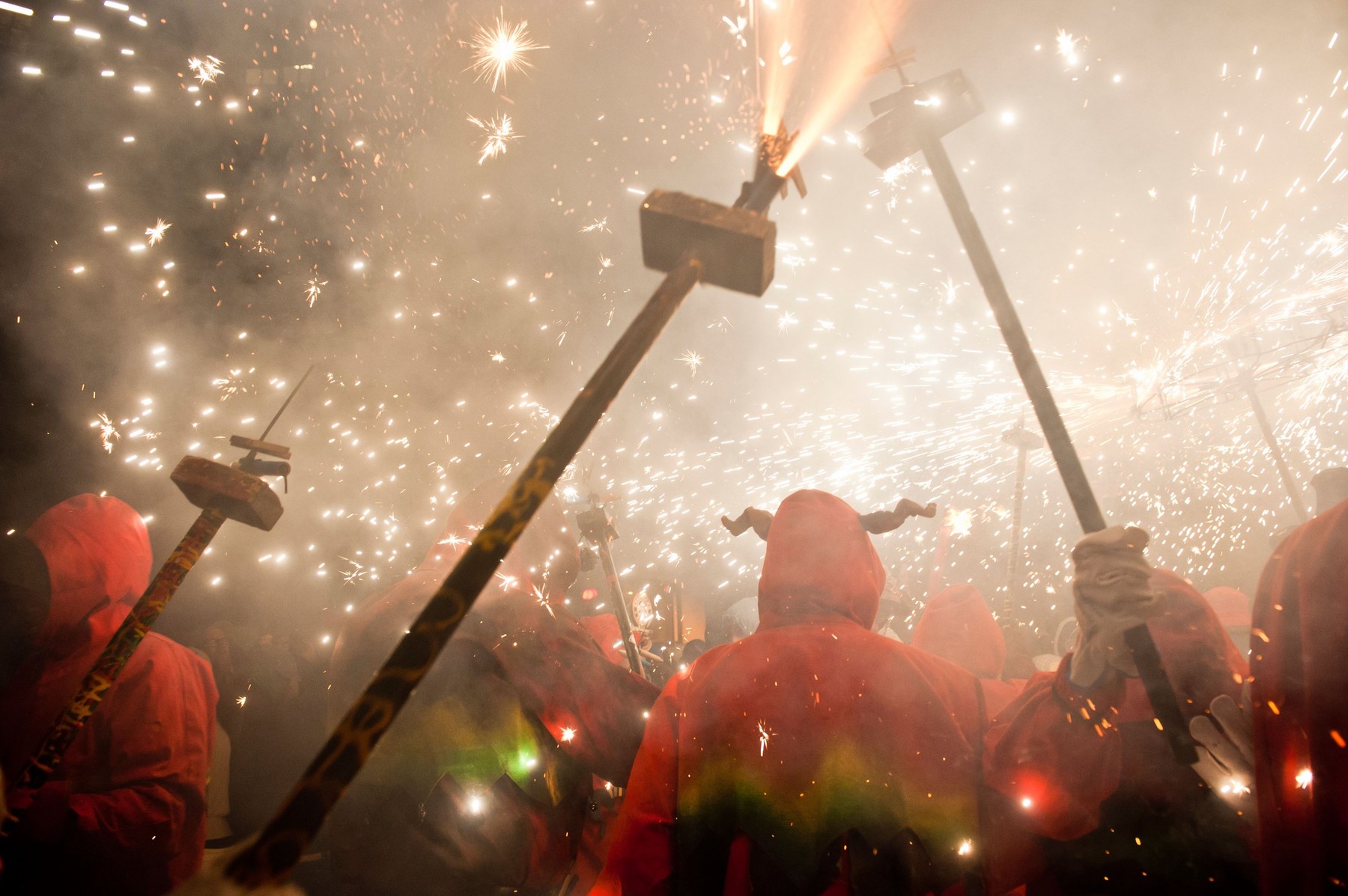 Participants in the traditional Correcfoc in the streets of Barcelona for La merce Festival, Spain.