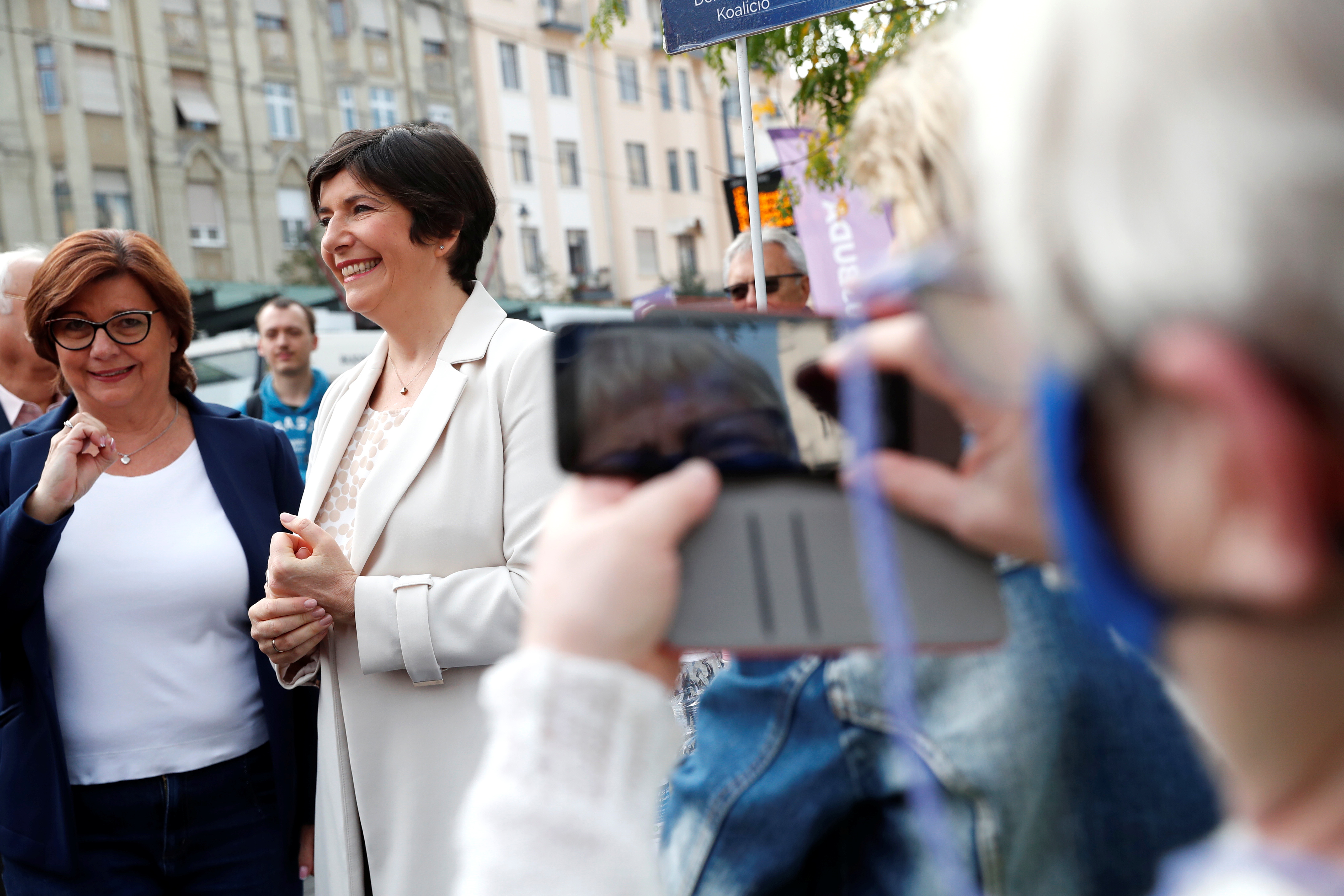 Klara Dobrev, candidate of the opposition party Democratic Coalition, meets with supporters during the first round of the opposition primary election, in Budapest