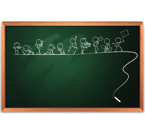 A chalkboard with a drawing of kids
