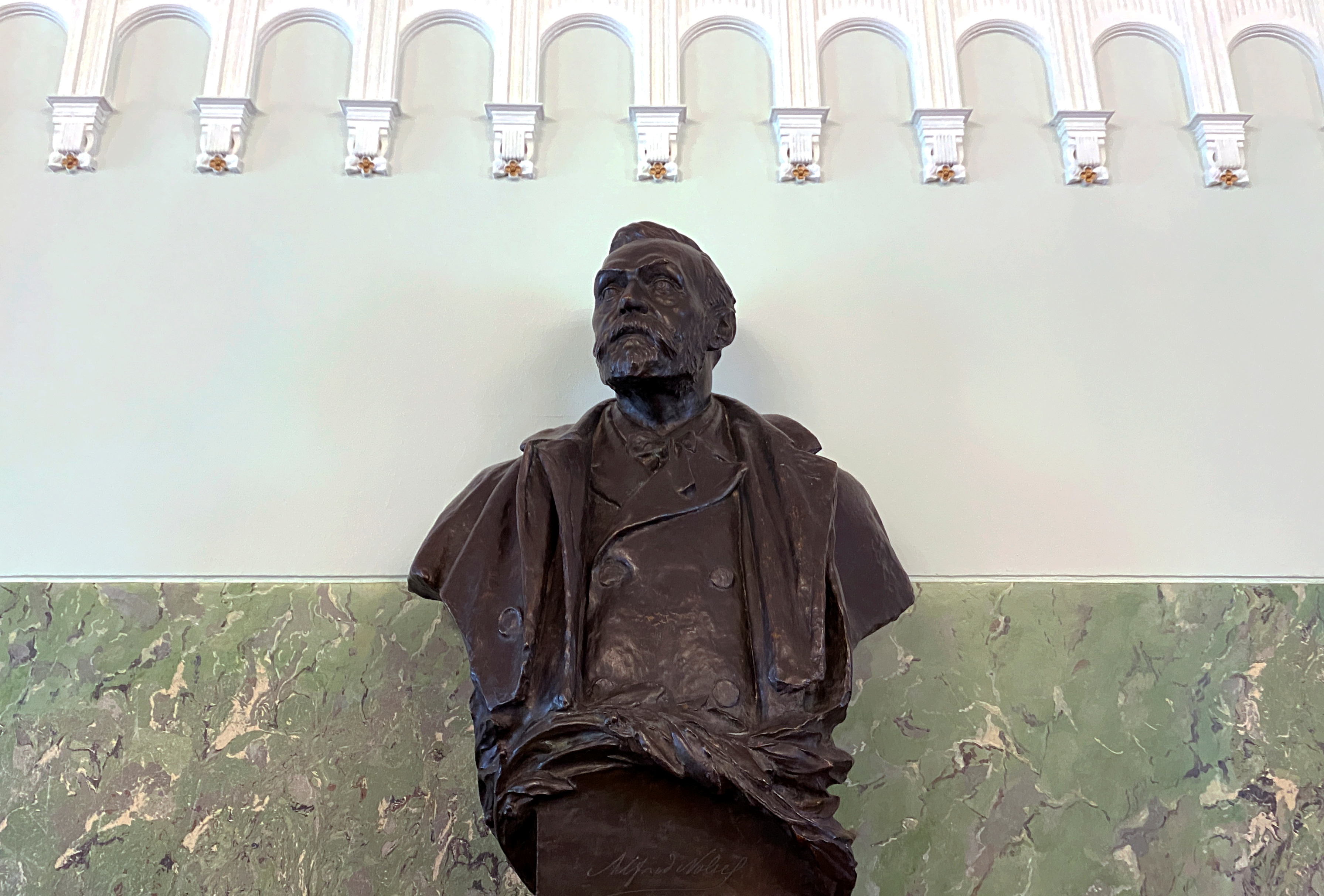 A bust of Alfred Nobel is pictured inside the room where the Nobel Peace Prize is announced, at Norwegian Nobel Institute in central Oslo