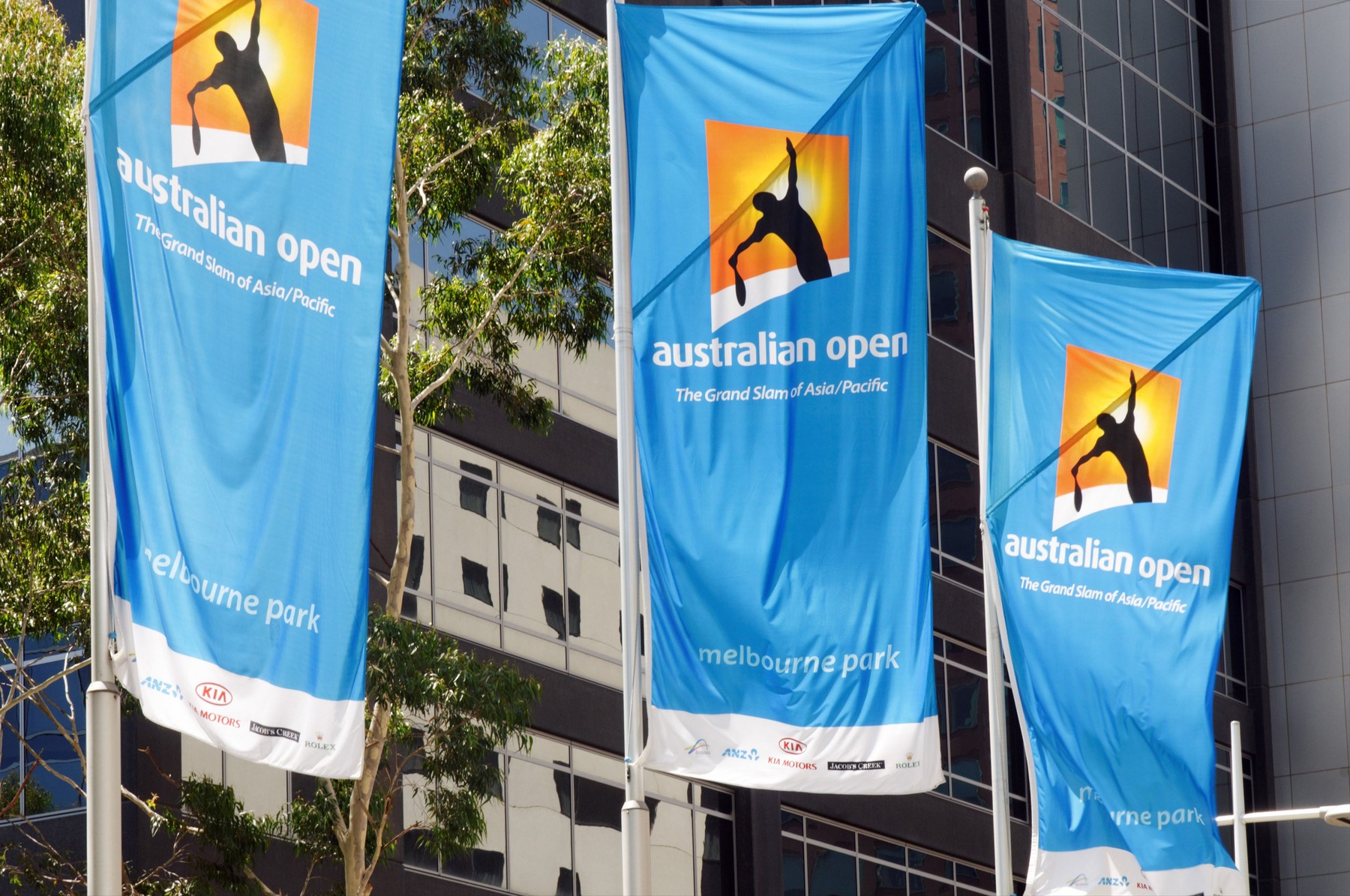 Flags advertising the Australian Open tennis tournament
