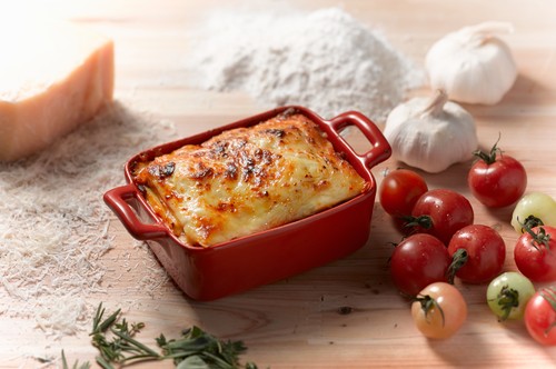 High angle view of lasagne in rectangular casserole dish