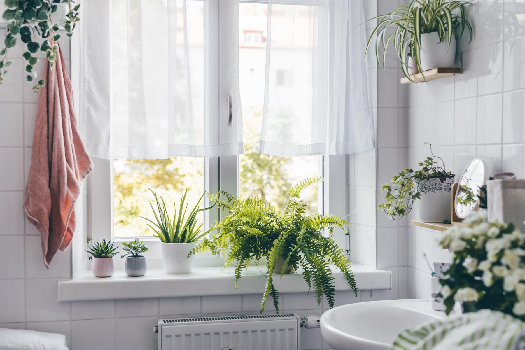 Modern beautiful white bathroom with a big window
