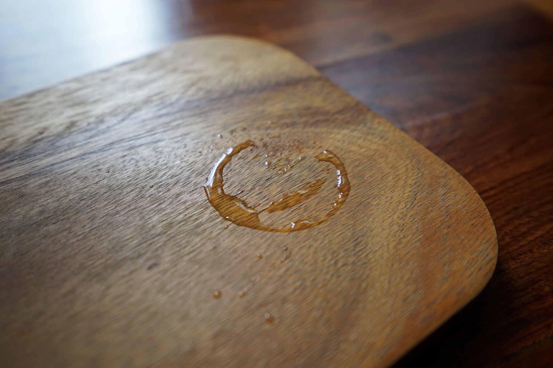 Close up Water ring on wooden tray table