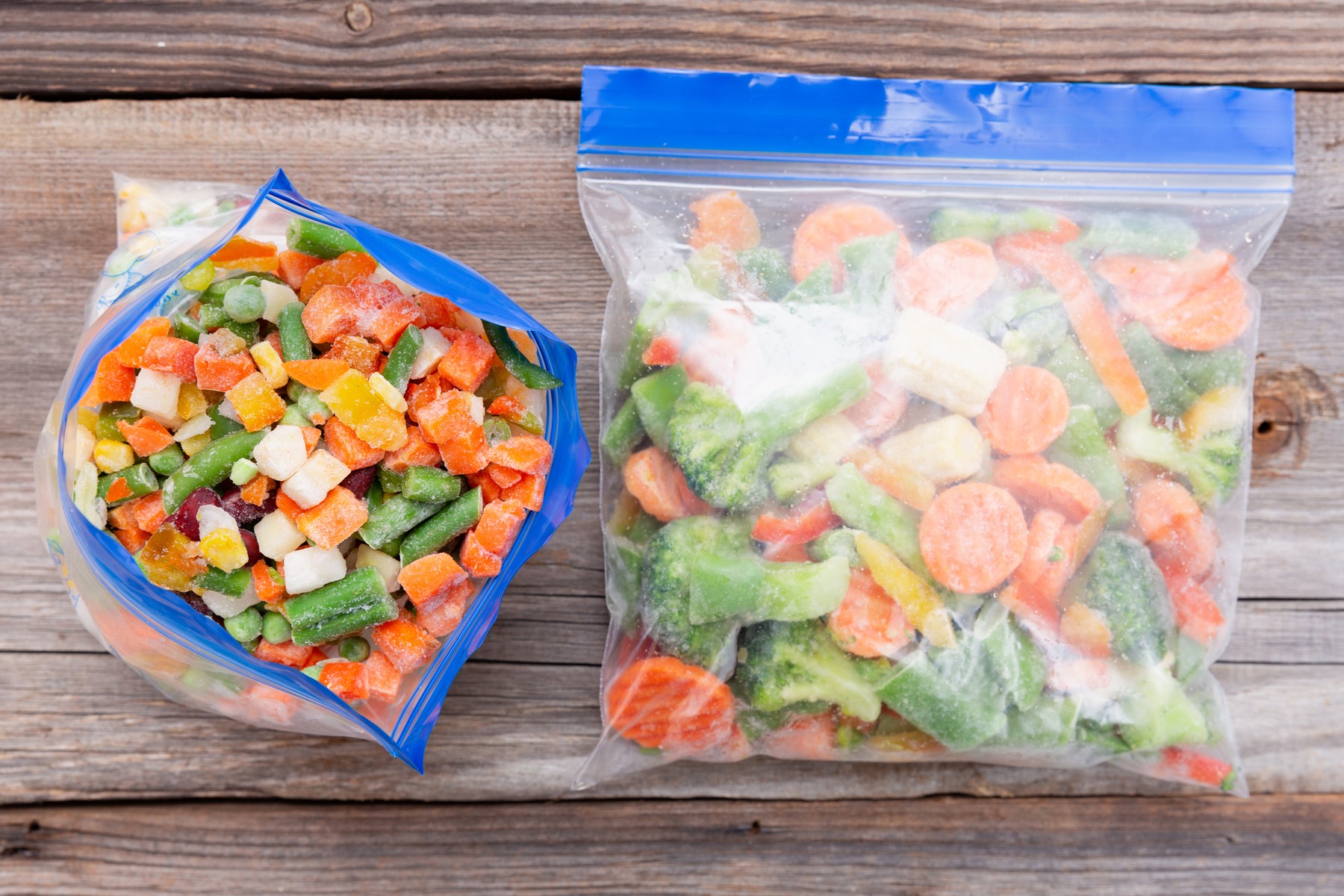 Frozen vegetables in a plastic bag. Healthy food storage concept.