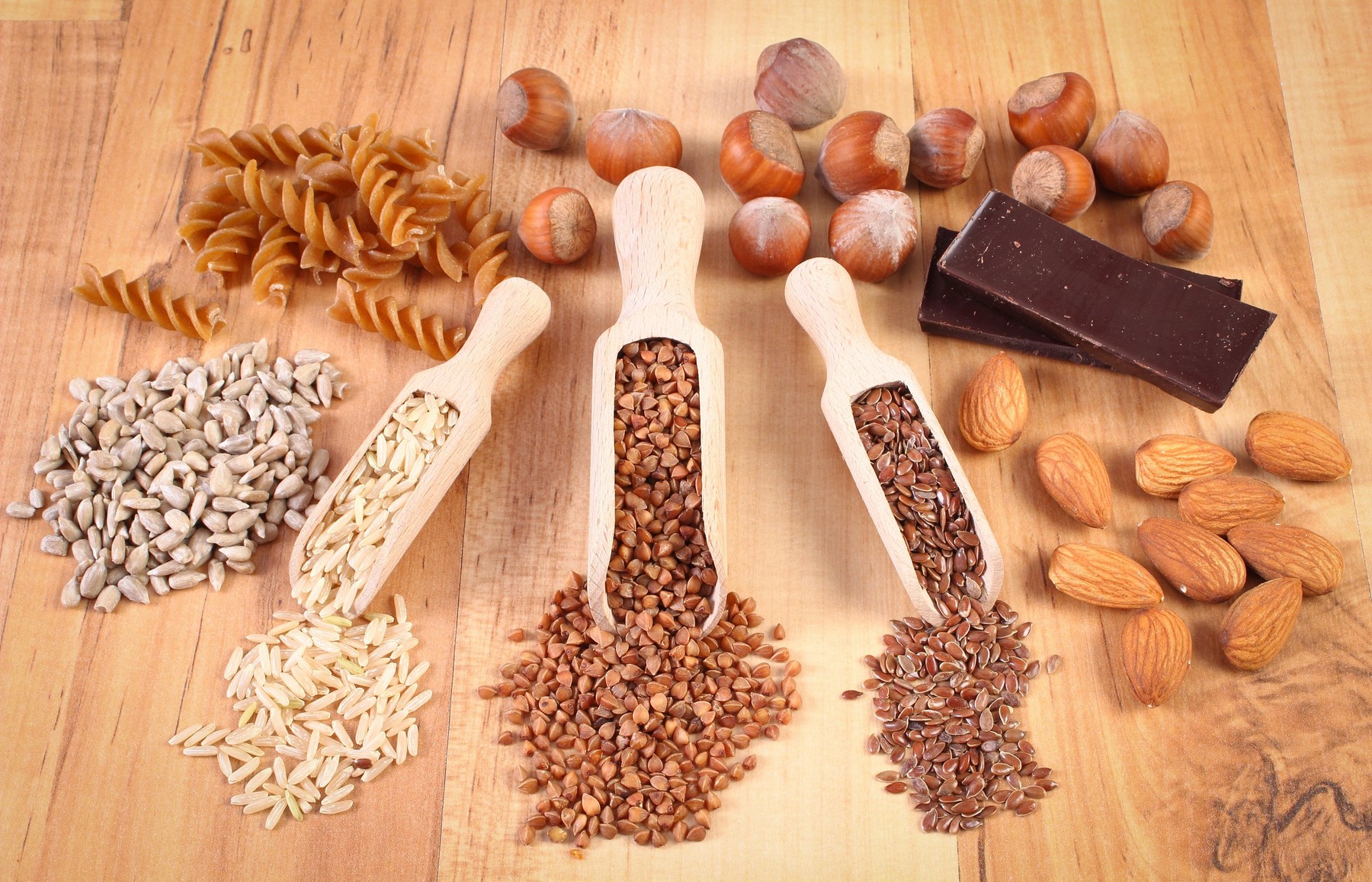 Fresh, natural ingredients and products containing magnesium and dietary fiber, healthy food and nutrition