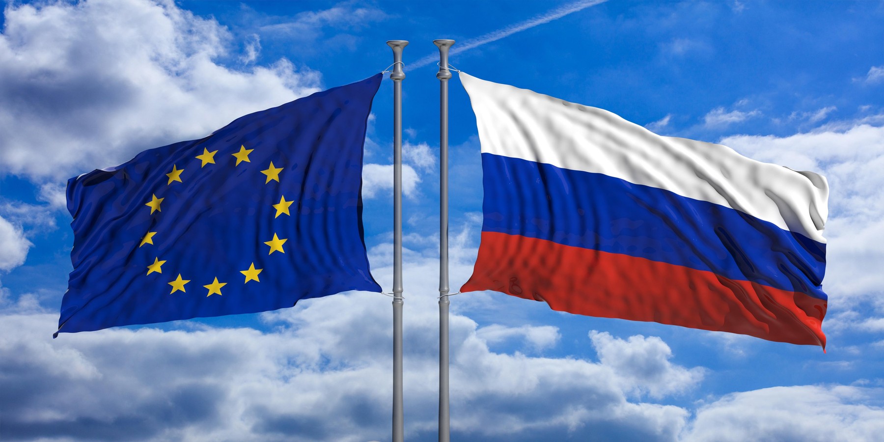 Russia and European Union flags waving on blue sky background. 3d illustration