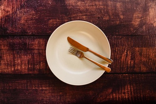 Empty plate with cutlery, top view, concept of intermittent fasting diet to lose weight.