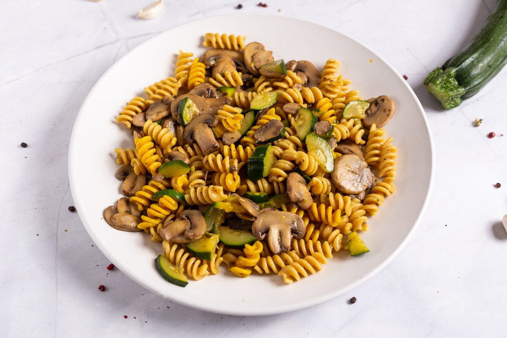 Fusilli,Pasta,With,Mushrooms,And,Zucchini.