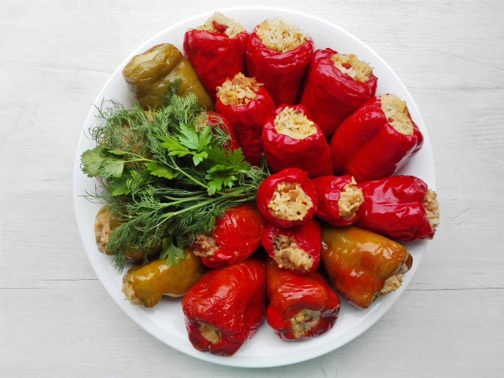 Red,Green,Stuffed,Peppers,With,Rice,&amp;,Parsley,,Dill,On